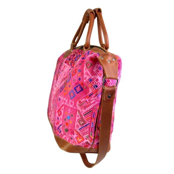 ROOMY HANDCRAFTED MULTICOLOR PINK KILIM BROWN LEATHER TRIM SHOULDER BAG HANDBAG - Picture 3 of 14
